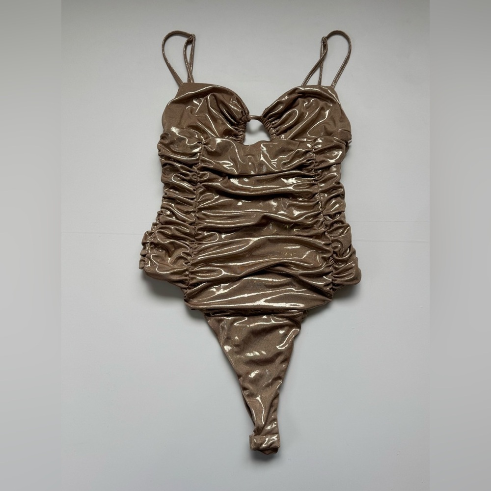 Zara Metallic Gold Slick Ruched Bodysuit Party Glam Statement Piece M Sleeveless